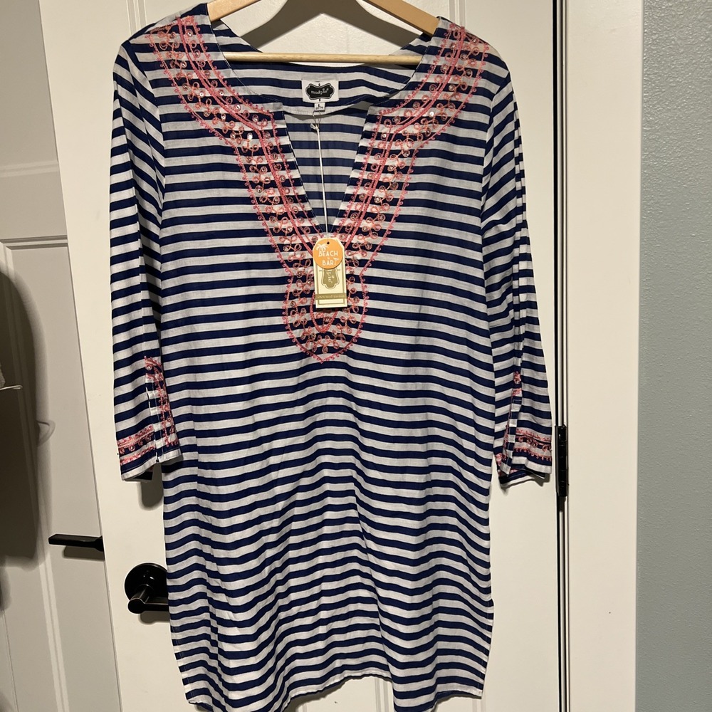 Mudpie Beach Swim Cover-up Brooklynβ Navy White Strip Preppy Large NWT